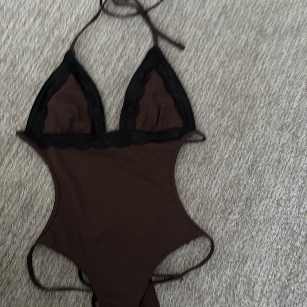 Edikted Brown and Black Lace Halter Bodysuit